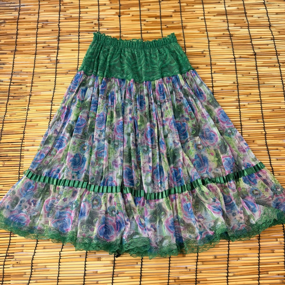 T-C Fashion Green Floral Peacock Print Lace Waist Mesh Tiered Midi Skirt